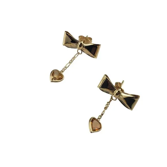 14K Yellow Gold Bow Dangle Earrings #16387